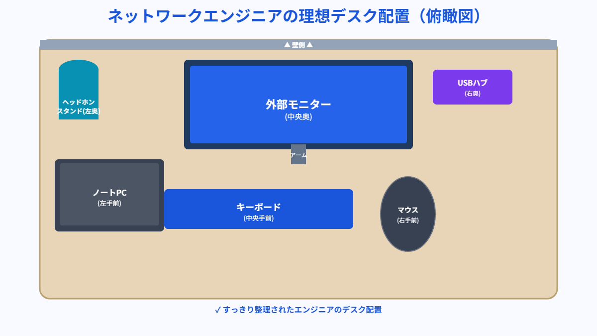 ネットワークエンジニアのデスクアイテム配置図(上面図)