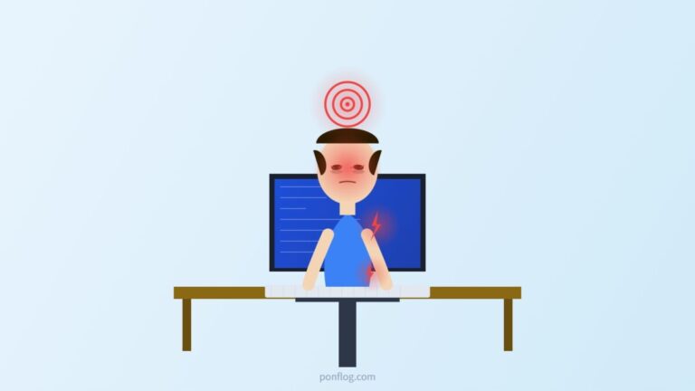 デスクワークで目・肩腰・睡眠にダメージを受けるエンジニアのイラスト