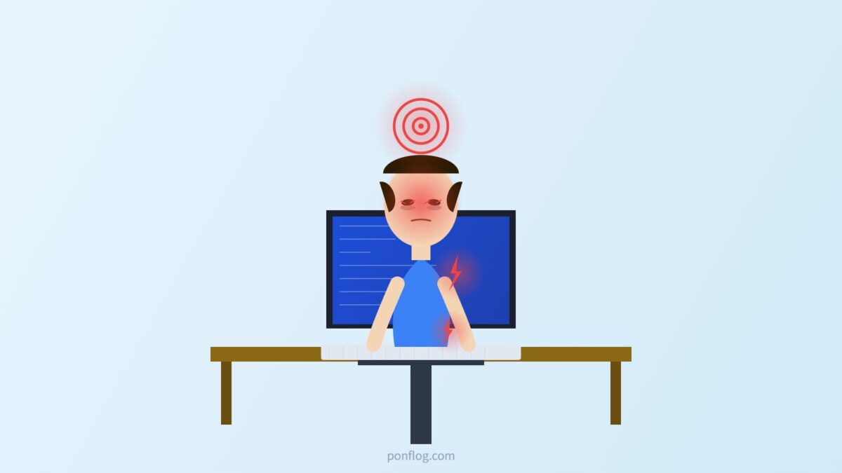 デスクワークで目・肩腰・睡眠にダメージを受けるエンジニアのイラスト