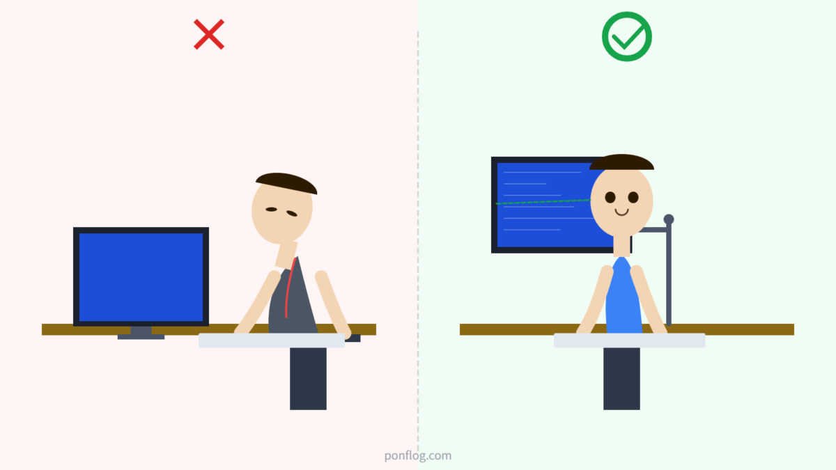 モニター位置が低い悪い姿勢とモニターアームで改善した良い姿勢の比較イラスト