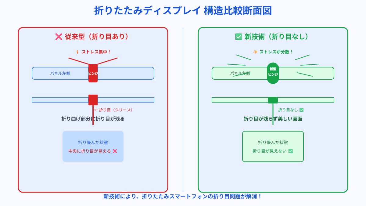 従来型と新技術の折りたたみディスプレイ構造の比較断面図