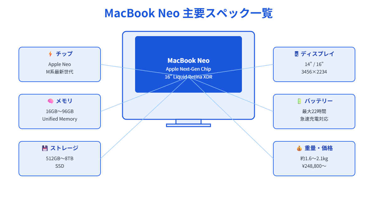 MacBook Neoの主要スペック一覧インフォグラフィック