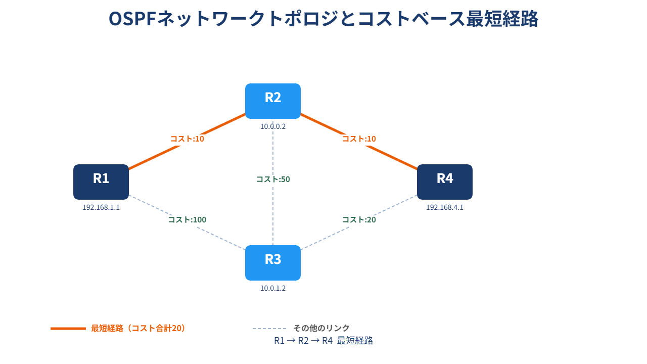 OSPFネットワークトポロジとコストベースの最短経路図