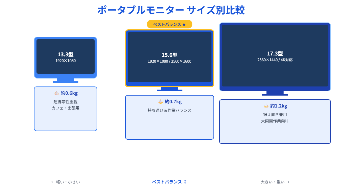 ポータブルモニター13.3型・15.6型・17.3型のサイズ・重量比較図